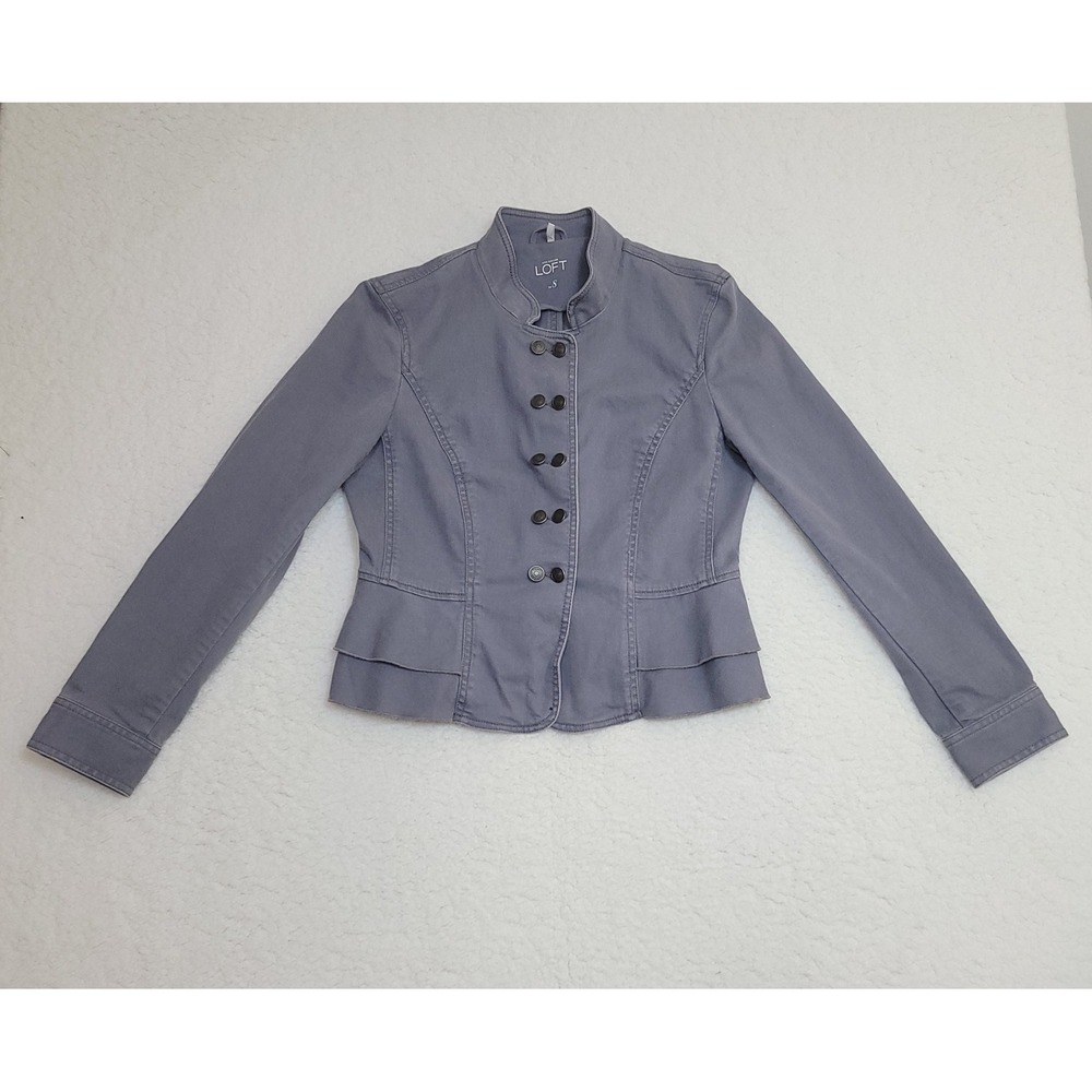 LOFT Jacket Blazer Women 8 Grey Military Utility Ruffle Hem Cotton Blend Denim